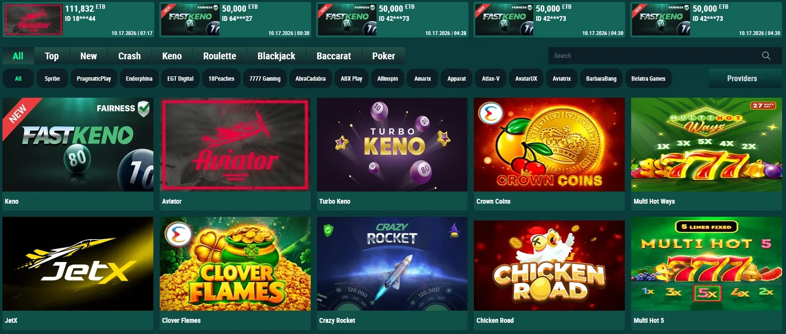 Dash Bet casino lobby with slots, table games, and crash categories