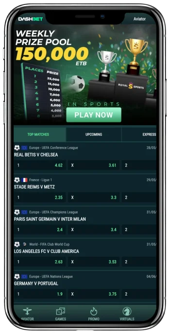Dash Bet betting interface showing sports markets, live events, and a bet slip